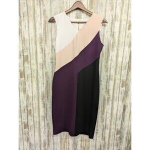 Calvin Klein Colorblock Sheath Dress White Black Purple V-Neck Career Size 6